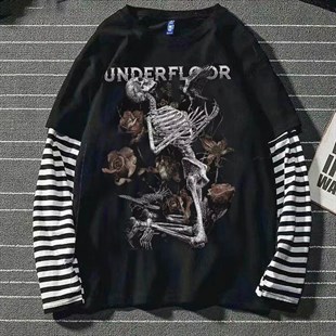 Skeleton Print Grunge Aesthetic Gothic Unisex Oversize Uzun Kollu T Shirt