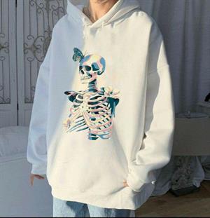 Skull & Butterfly Beyaz Unisex Kapüşonlu Oversize Sweatshirt Hoodie