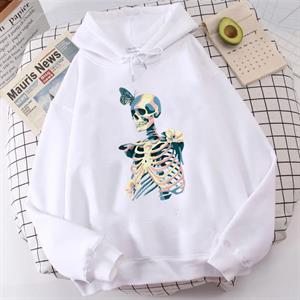 Skull & Butterfly Beyaz Unisex Kapüşonlu Oversize Sweatshirt Hoodie