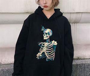 Skull & Butterfly Siyah Unisex Kapüşonlu Oversize Sweatshirt Hoodie