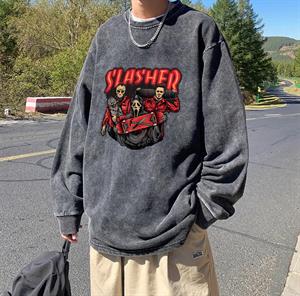 Slasher Baskılı Yıkamalı Vintage Unisex Oversize Bisiklet Yaka Sweatshirt