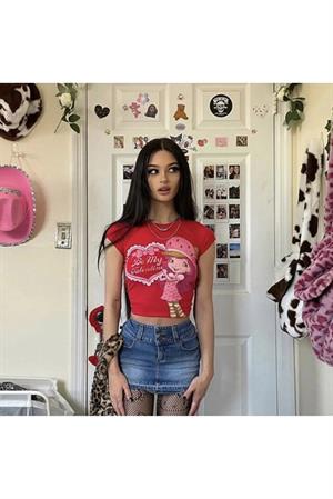 Y2k Be My Valentine Girl Baskılı Kırmızı Crop Bluz