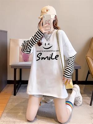 Smile Fake Sleeves Unisex Uzun Kollu Beyaz T-Shirt