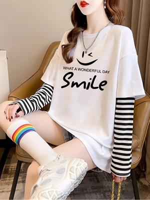 Smile Fake Sleeves Unisex Uzun Kollu Beyaz T-Shirt