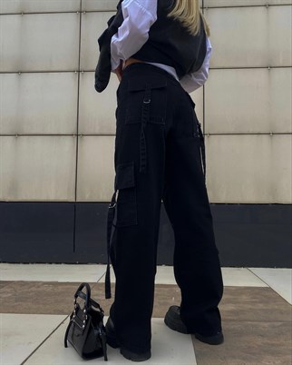 Sokak Tarzı Baggy Unisex Siyah Kargo Pantolon