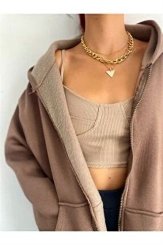Sokak Tarzı Düz Oversize Açık Kahve Unisex Kapşonlu Hırka