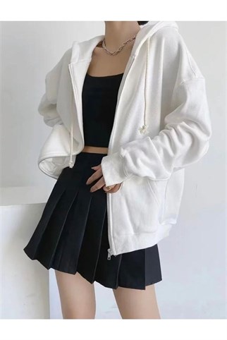 Sokak Tarzı Düz Oversize Beyaz Unisex Kapşonlu Hırka