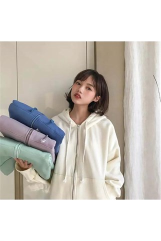 Sokak Tarzı Düz Oversize Beyaz Unisex Kapşonlu Hırka