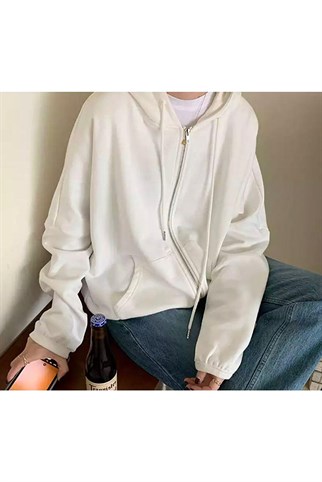 Sokak Tarzı Düz Oversize Beyaz Unisex Kapşonlu Hırka