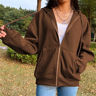 Sokak Tarzı Düz Oversize Kahverengi Unisex Kapşonlu Hırka