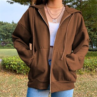 Sokak Tarzı Düz Oversize Kahverengi Unisex Kapşonlu Hırka