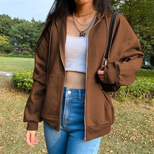Sokak Tarzı Düz Oversize Kahverengi Unisex Kapşonlu Hırka