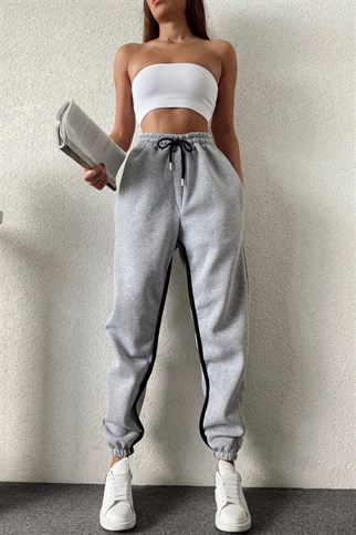 Sokak Tarzı Gri Şeritli Üç İplik Unisex Oversize Eşofman