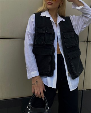 Sokak Tarzı Körüklü Cep Detay Denim Unisex Yelek