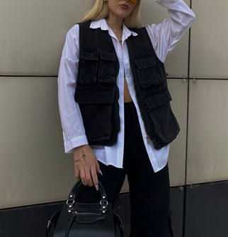 Sokak Tarzı Körüklü Cep Detay Denim Unisex Yelek