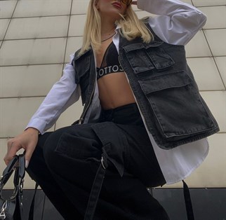Sokak Tarzı Körüklü Cep Detay Denim Unisex Yelek