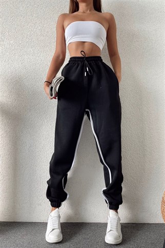 Sokak Tarzı Siyah Şeritli Üç İplik Unisex Oversize Eşofman