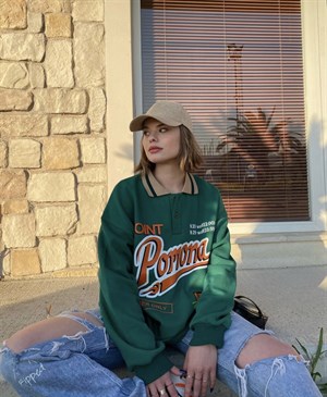Sokak Tarzı Yeşil Pomona Polo Yaka Oversize Unisex Sweatshirt