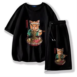 Samurai Cat Spaghetti Baskılı Siyah Unisex İkili Takım