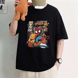 Spider-Cat Baskılı Siyah Unisex Oversize T-shirt