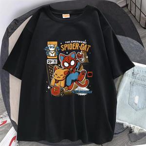 Spider-Cat Baskılı Siyah Unisex Oversize T-shirt