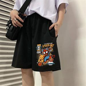 Spider-Cat Baskılı Siyah Unisex Penye Şort