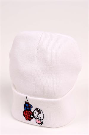 Spider & Hello Nakış İşleme Unisex Beyaz Bere