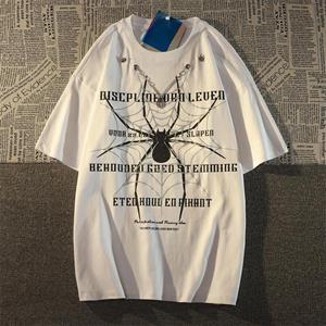 Spider Zincir Detaylı Spider Baskılı Beyaz Unisex Oversize T-shirt