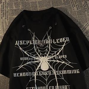 Spider Zincir Detaylı Spider Baskılı Siyah Unisex Oversize T-shirt