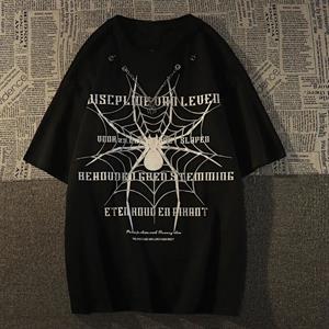 Spider Zincir Detaylı Spider Baskılı Siyah Unisex Oversize T-shirt