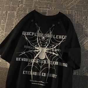 Spider Zincir Detaylı Spider Baskılı Siyah Unisex Oversize T-shirt