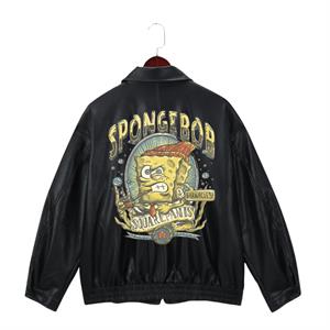 Sponge Bob Retro Baskılı Streetwear Siyah Oversize Unisex Astarlı Deri Ceket