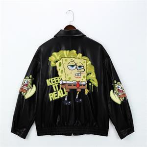 SpongeBob SquarePants Baskılı Siyah Oversize Unisex Astarlı Deri Ceket