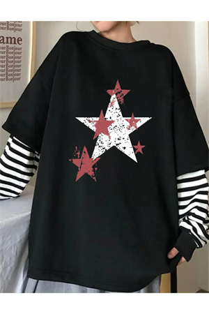 Star Baskılı Unisex Fake Uzun Kollu Siyah T-Shirt