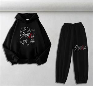 Stray Kids Baskılı Siyah Oversize Kapüşonlu Sweatshirt & Eşofman Altı Unisex İkili Takım