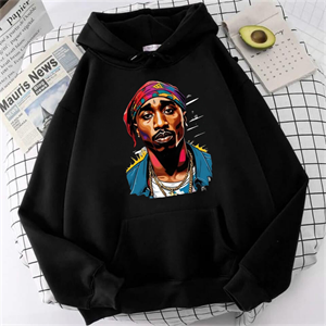 Street Wear Hip-Hop Tupac Shakur Baskılı Oversize Unisex Siyah Kapşonlu Hoodie Sweatshirt