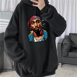 Street Wear Hip-Hop Tupac Shakur Baskılı Oversize Unisex Siyah Kapşonlu Hoodie Sweatshirt