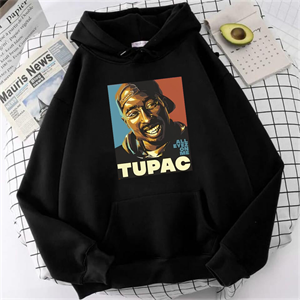 Street Wear Hip-Hop Tupac Shakur Baskılı Oversize Unisex Siyah Kapşonlu Hoodie Sweatshirt