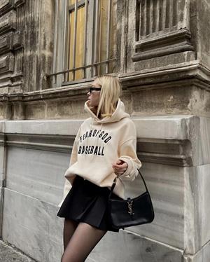 Streetwear Baseball Krem Rengi Unisex Oversize Kapüşonlu Sweatshirt