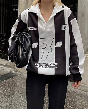 Streetwear Black Line Details 7 Beyaz Unisex Oversize Gömlek Yaka Sweatshirt