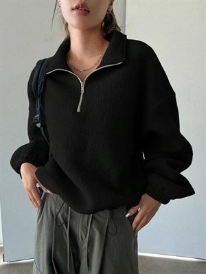 Streetwear Detail Peluş Fermuarlı Siyah Ceket