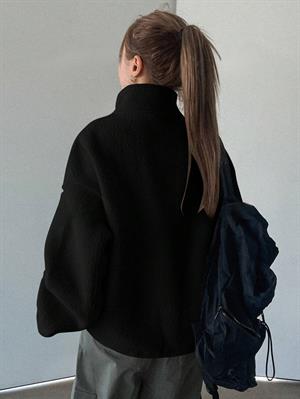 Streetwear Detail Peluş Fermuarlı Siyah Ceket