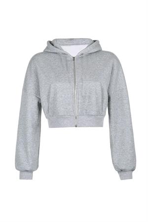 Streetwear Fermuarlı Uzun Kollu Gri Crop Hırka