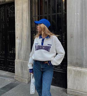 Streetwear Plannedeconomy Beyaz Unisex Oversize Gömlek Yaka Sweatshirt