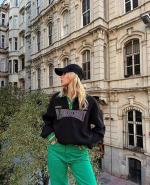 Streetwear Plannedeconomy Siyah Unisex Oversize Gömlek Yaka Sweatshirt