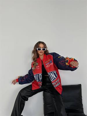 Streetwear Unisex İçi Astarlı Flame Yarışçı Kırmızı Bomber Ceket