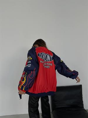 Streetwear Unisex İçi Astarlı Flame Yarışçı Kırmızı Bomber Ceket