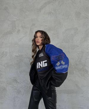 Streetwear Unisex İçi Astarlı Vintage Mavi Yarışçı Bomber Ceket