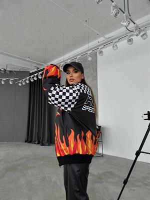 Streetwear Unisex İçi Astarlı Vintage Flame Yarışçı Bomber Ceket