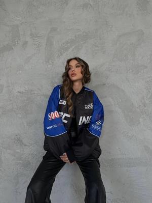 Streetwear Unisex İçi Astarlı Vintage Mavi Yarışçı Bomber Ceket